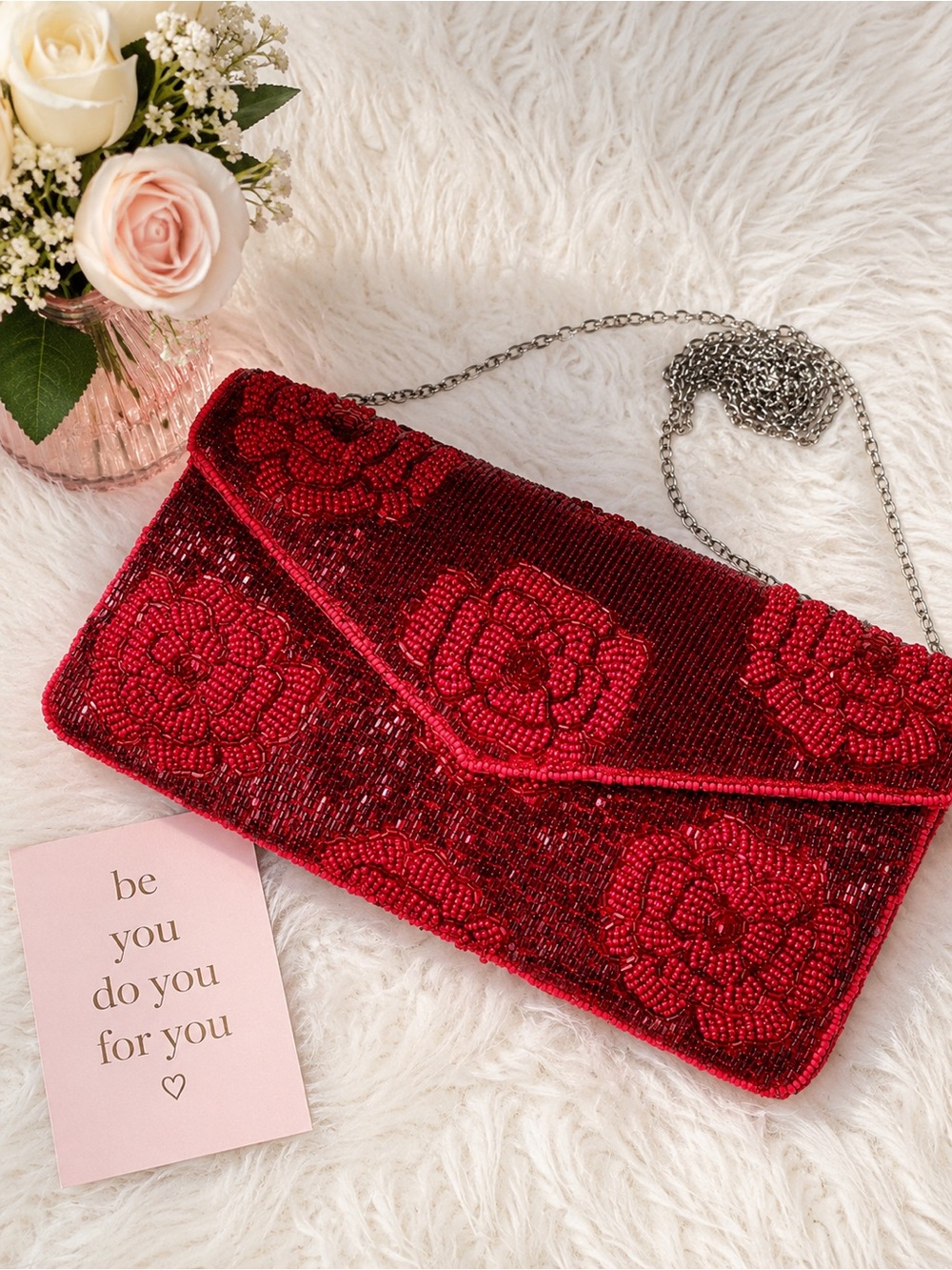 Red Beaded Floral Envelope Clutch - Women Bags